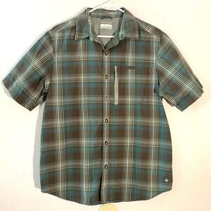 Columbia Gorpcore Outdoor Lightweight Plaid Gray Blue Polo Shirt Men size Medium